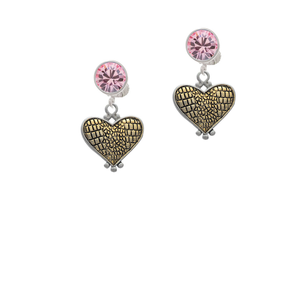 Two Tone Alligator Print Heart Crystal Clip On Earrings Image 4