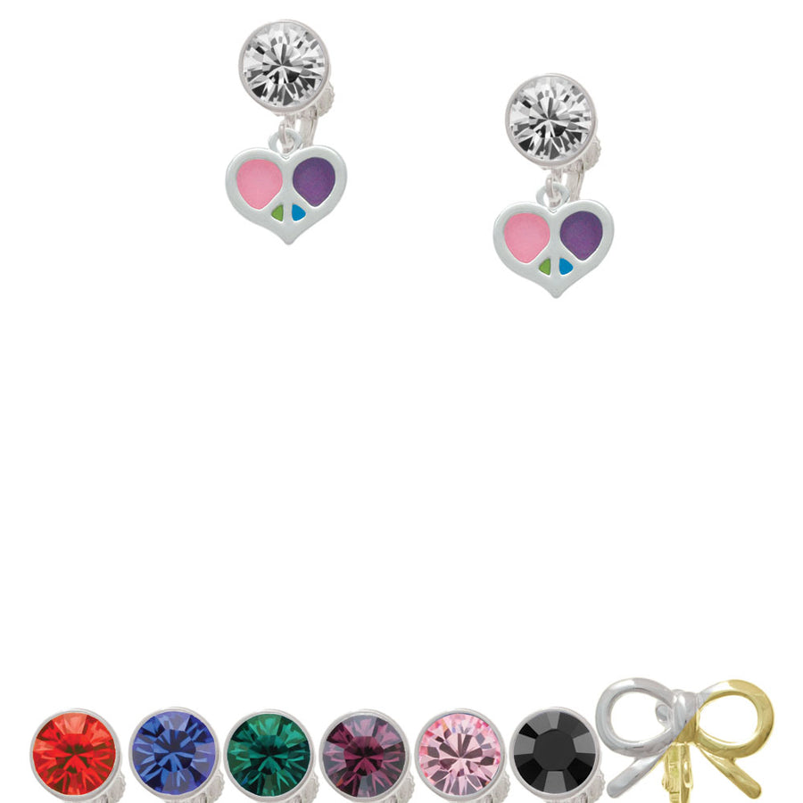 Small Enamel Heart Peace Sign Crystal Clip On Earrings Image 1