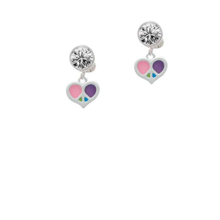 Small Enamel Heart Peace Sign Crystal Clip On Earrings Image 2