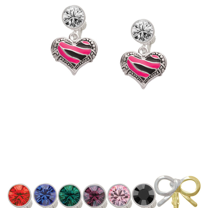 Hot Pink Tiger Print Heart Crystal Clip On Earrings Image 1