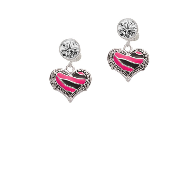 Hot Pink Tiger Print Heart Crystal Clip On Earrings Image 2