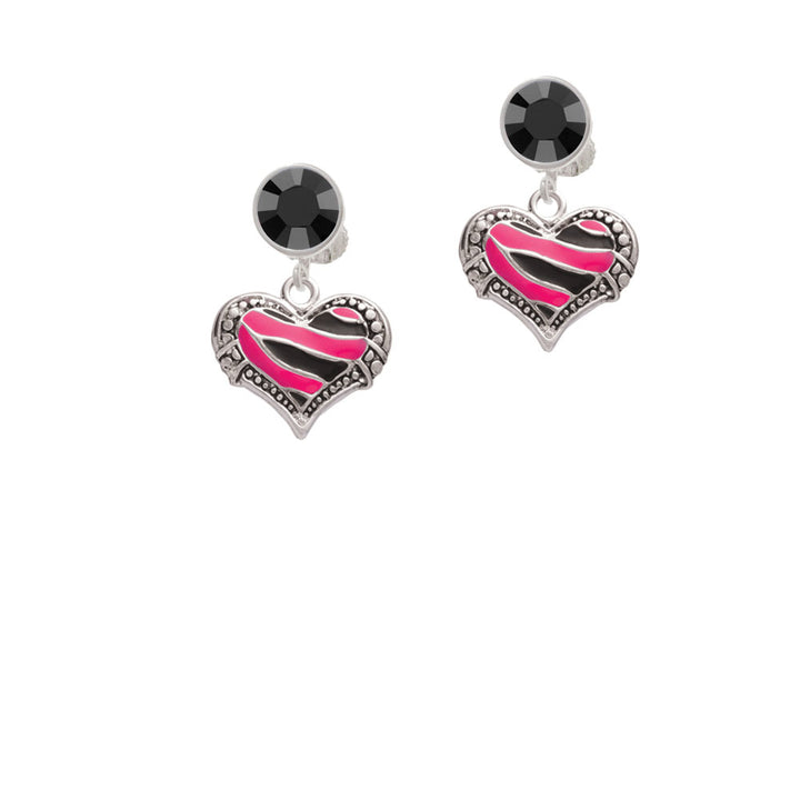 Hot Pink Tiger Print Heart Crystal Clip On Earrings Image 3