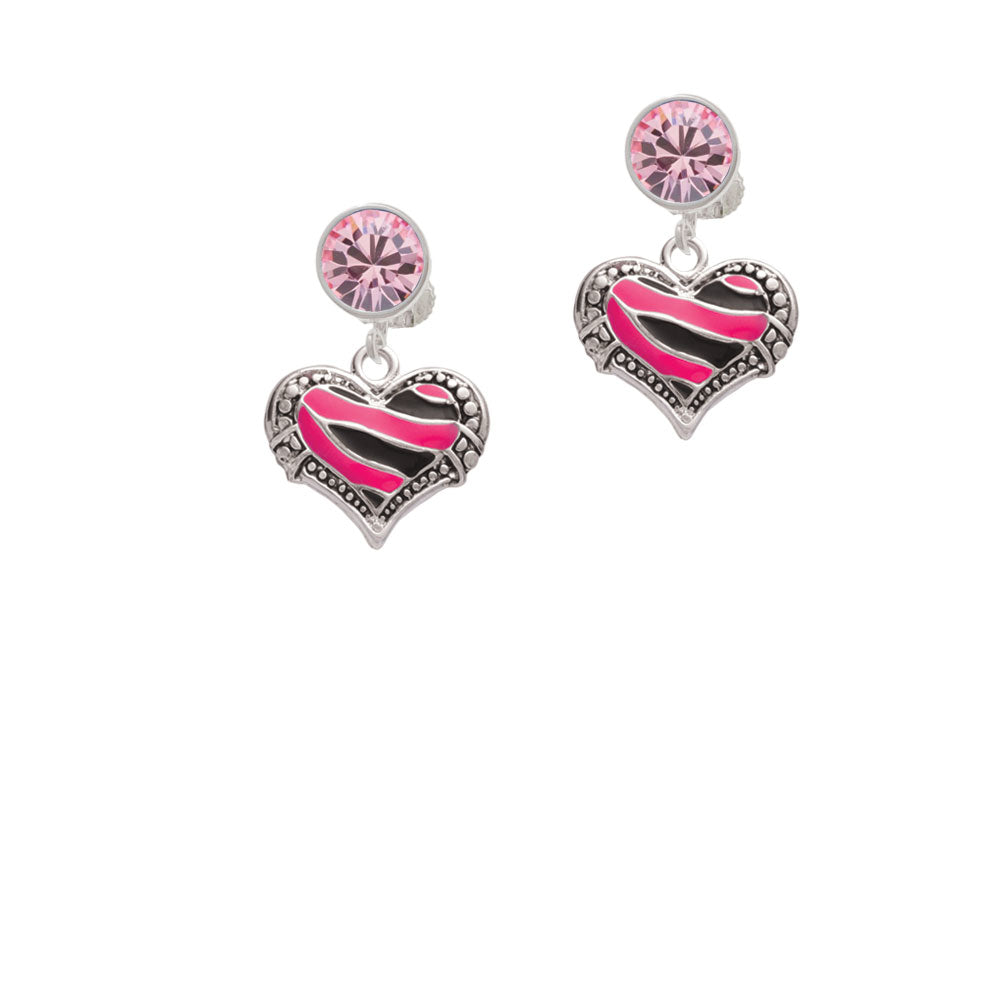 Hot Pink Tiger Print Heart Crystal Clip On Earrings Image 4