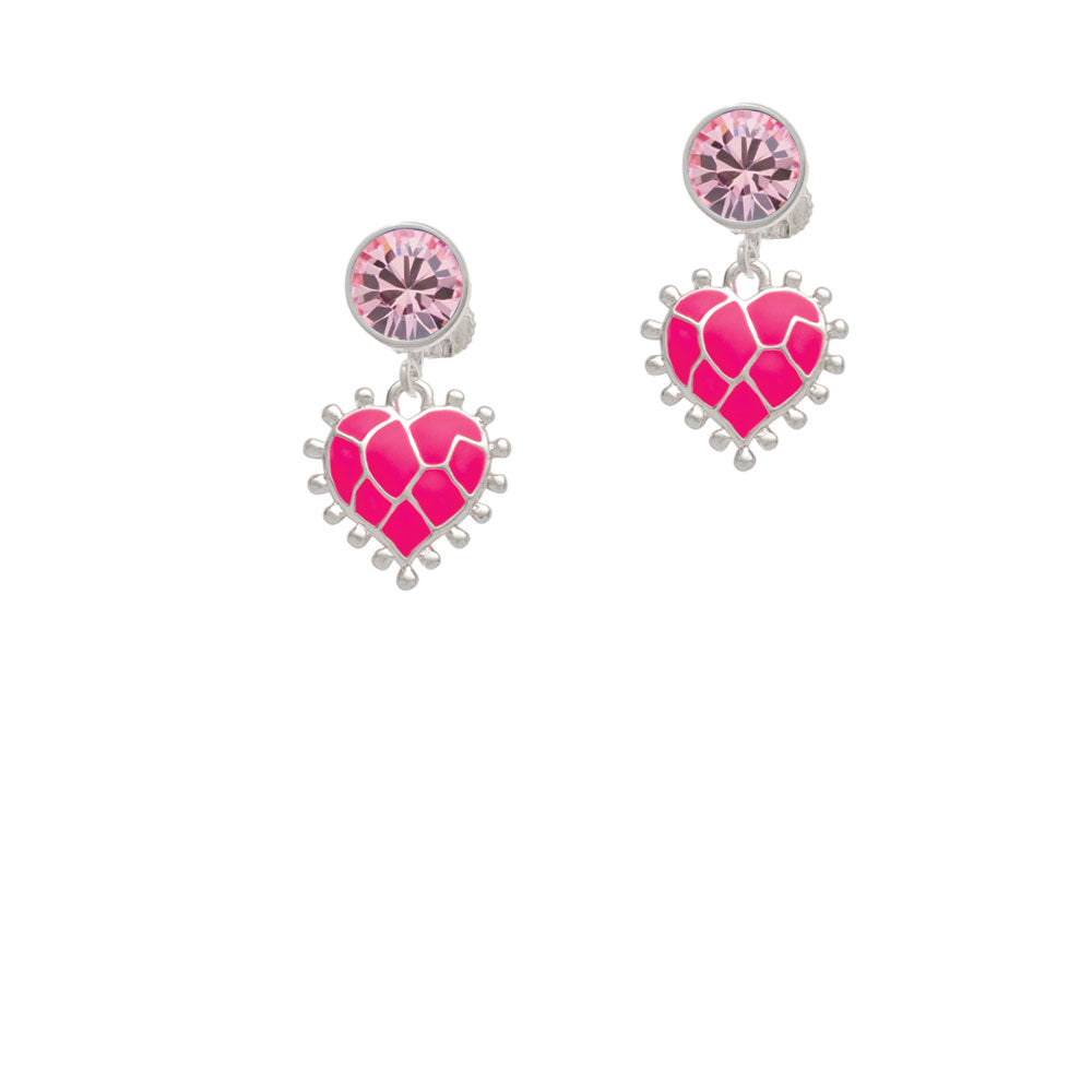 Hot Pink Giraffe Print Heart Crystal Clip On Earrings Image 4