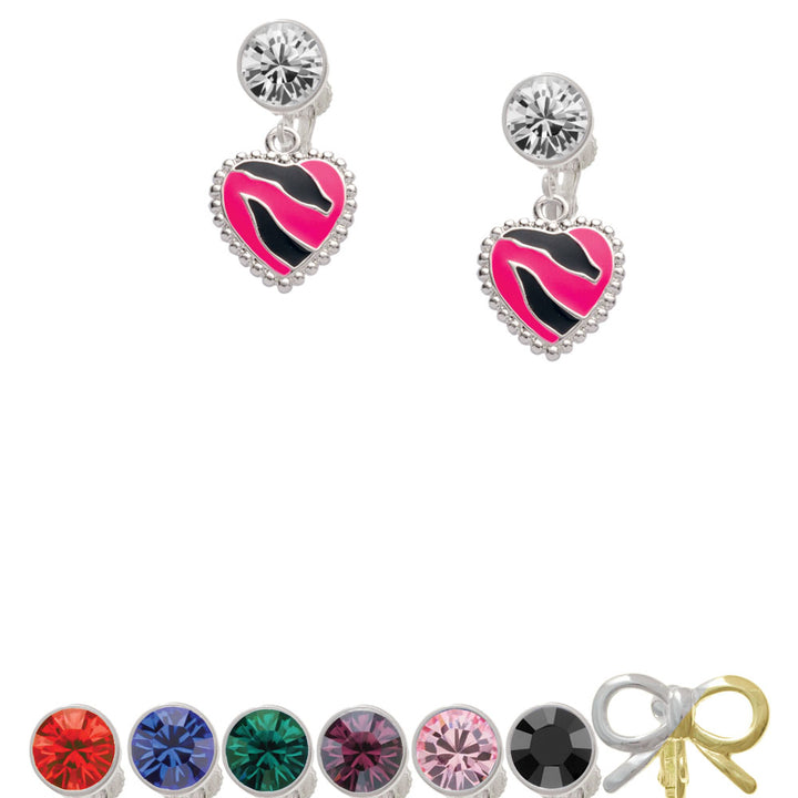 Hot Pink Zebra Print Heart Crystal Clip On Earrings Image 1