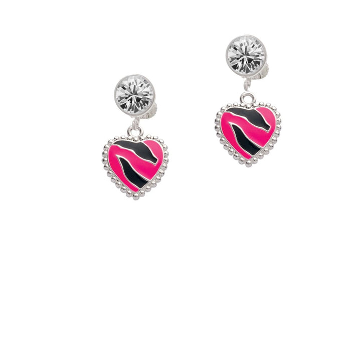 Hot Pink Zebra Print Heart Crystal Clip On Earrings Image 1