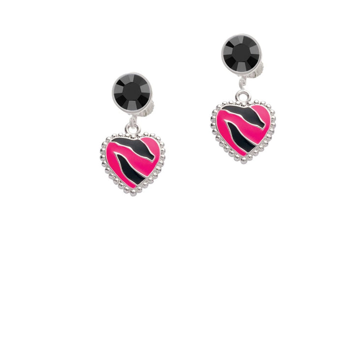 Hot Pink Zebra Print Heart Crystal Clip On Earrings Image 3