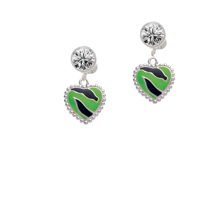 Lime Green Zebra Print Heart Crystal Clip On Earrings Image 2