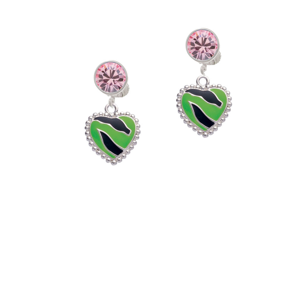 Lime Green Zebra Print Heart Crystal Clip On Earrings Image 4