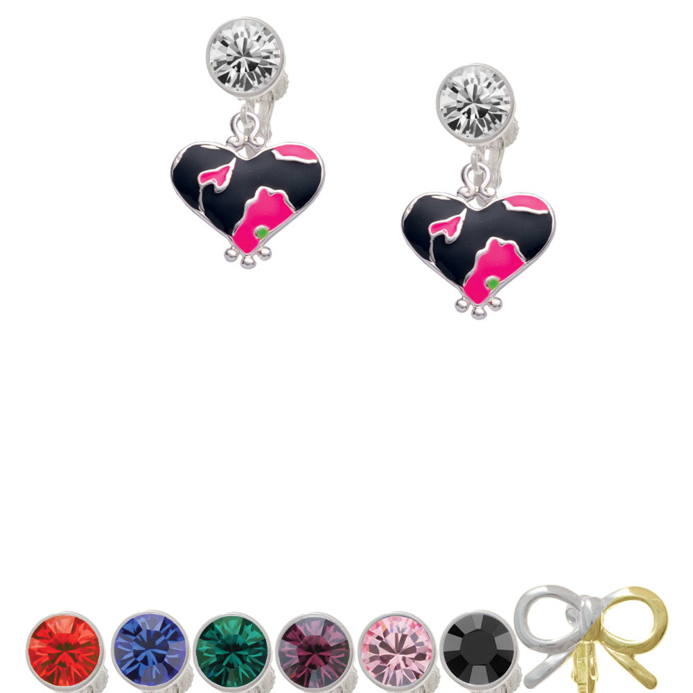 Hot Pink Large Cheetah Print Heart Crystal Clip On Earrings Image 1