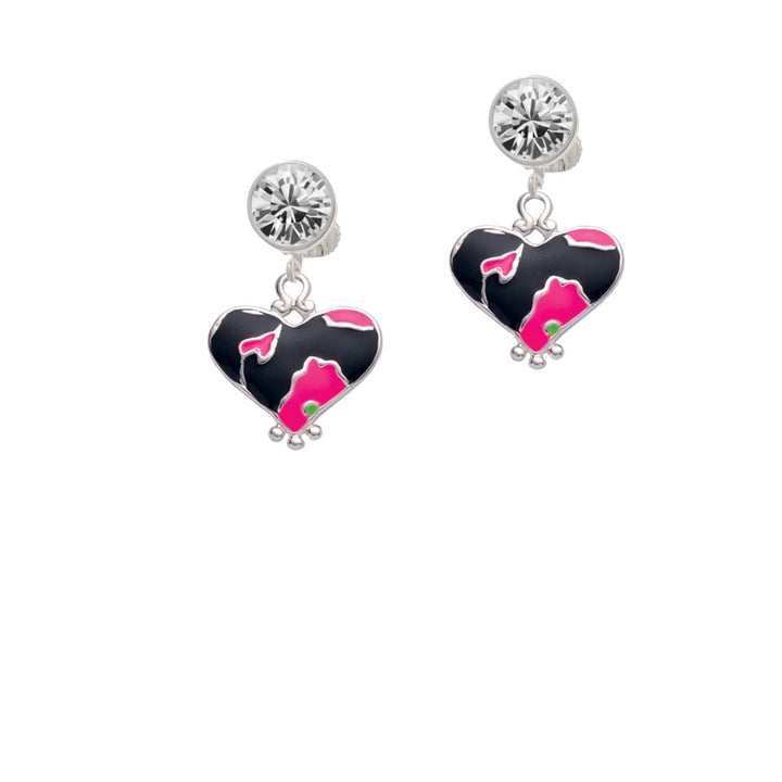 Hot Pink Large Cheetah Print Heart Crystal Clip On Earrings Image 2