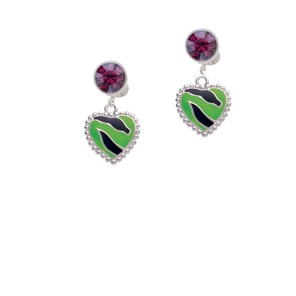 Lime Green Zebra Print Heart Crystal Clip On Earrings Image 8