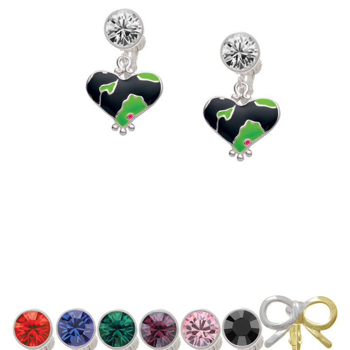 Lime Green Large Cheetah Print Heart Crystal Clip On Earrings Image 1