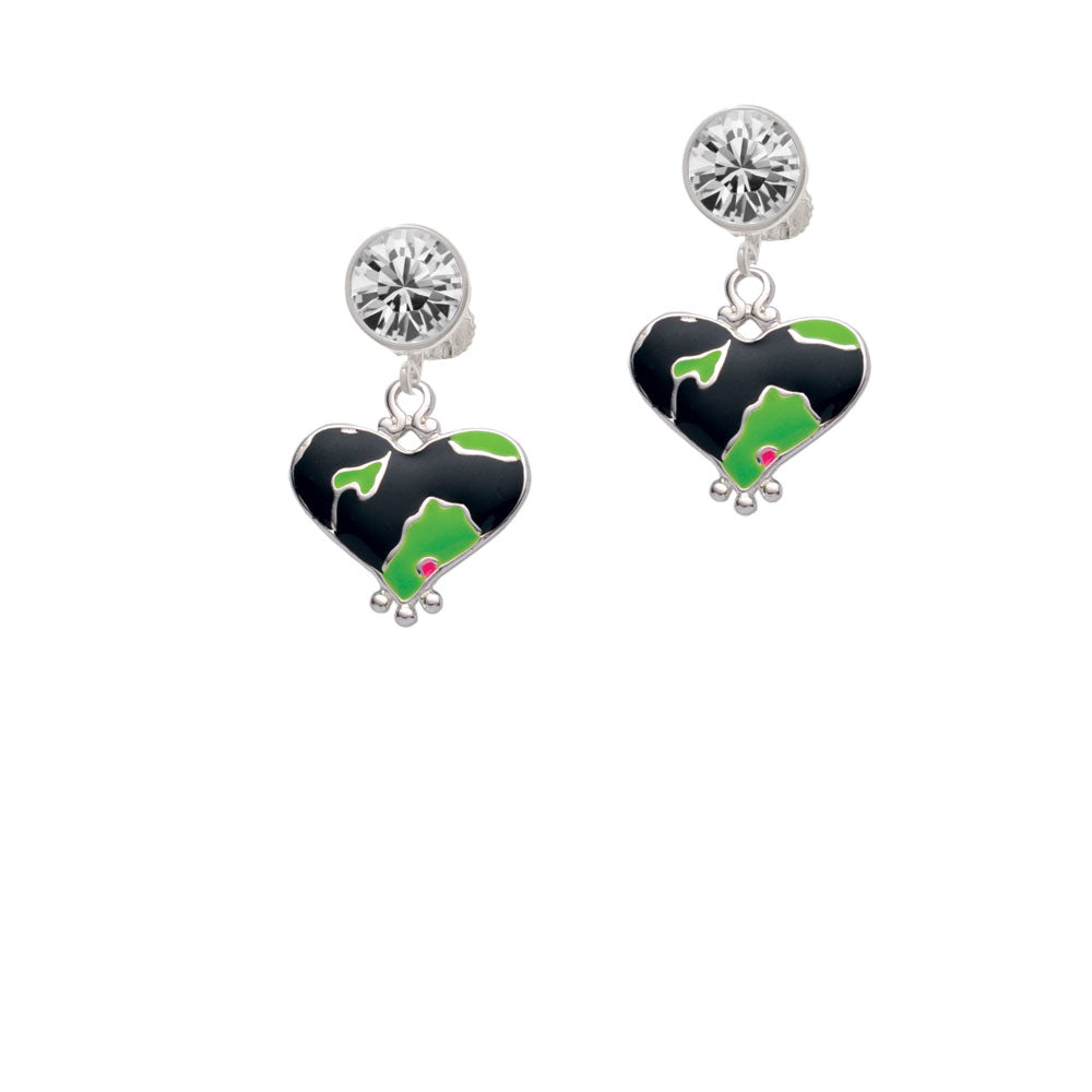 Lime Green Large Cheetah Print Heart Crystal Clip On Earrings Image 2