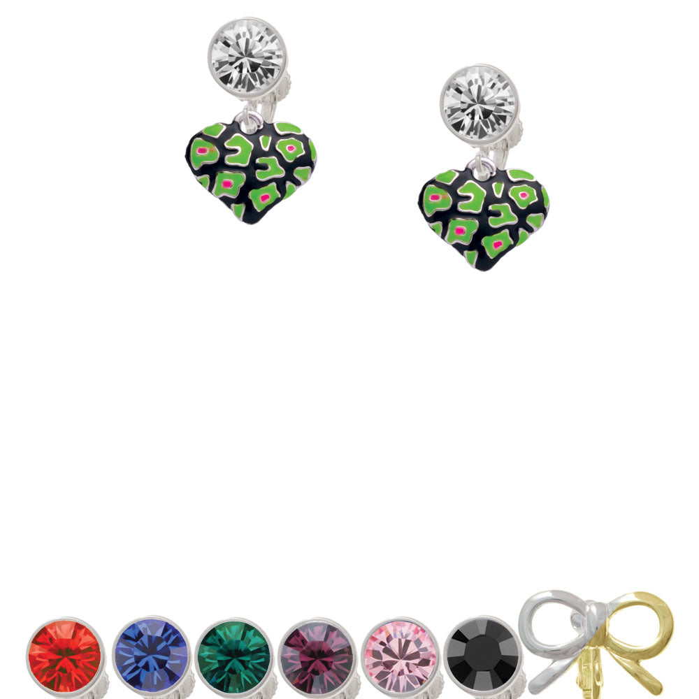 Lime Green Cheetah Print Heart Crystal Clip On Earrings Image 1