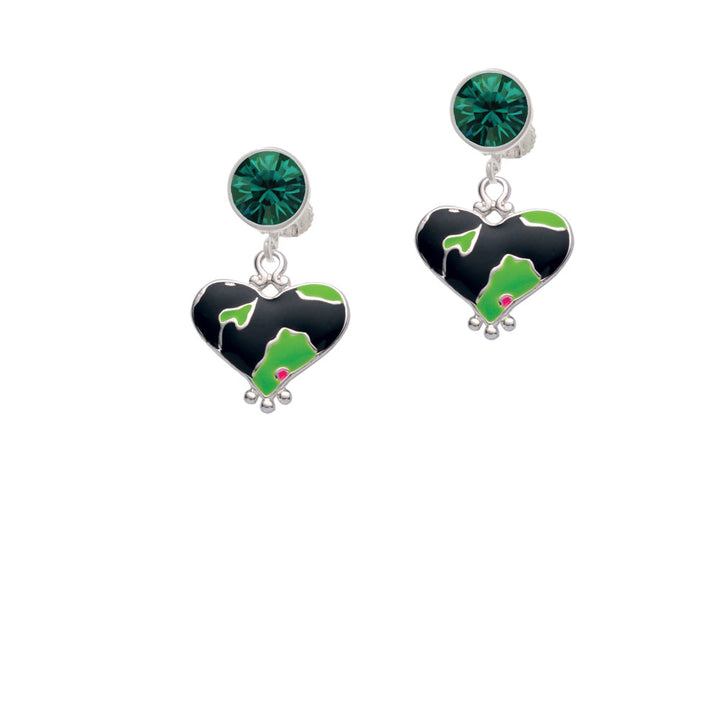 Lime Green Large Cheetah Print Heart Crystal Clip On Earrings Image 6