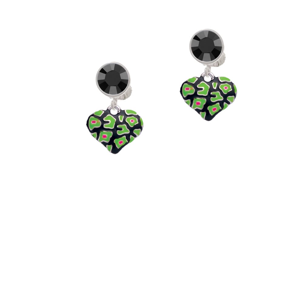 Lime Green Cheetah Print Heart Crystal Clip On Earrings Image 3