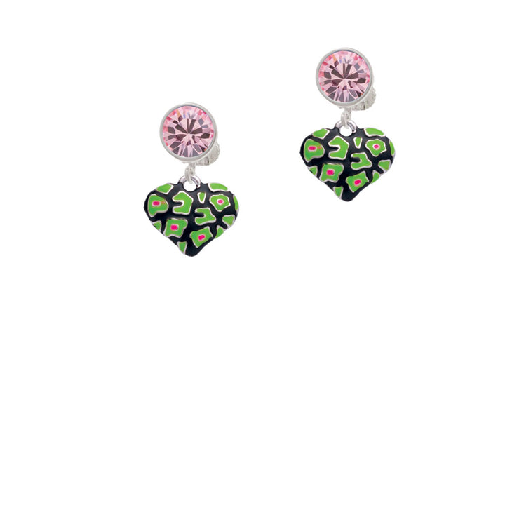 Lime Green Cheetah Print Heart Crystal Clip On Earrings Image 4