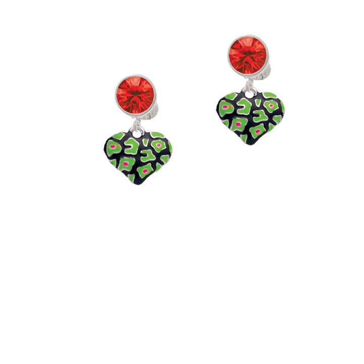 Lime Green Cheetah Print Heart Crystal Clip On Earrings Image 4