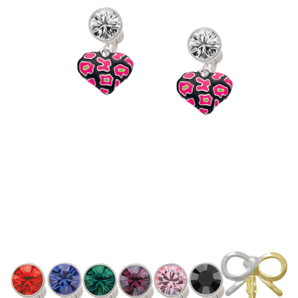 Hot Pink Cheetah Print Heart Crystal Clip On Earrings Image 1