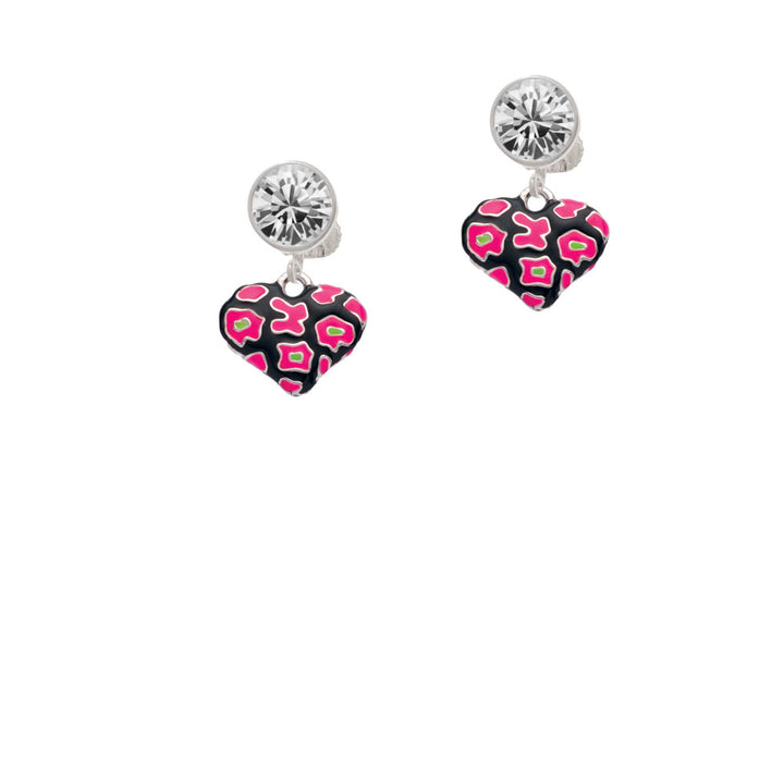 Hot Pink Cheetah Print Heart Crystal Clip On Earrings Image 2