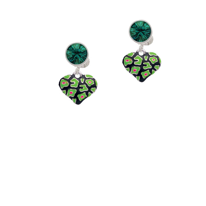 Lime Green Cheetah Print Heart Crystal Clip On Earrings Image 6