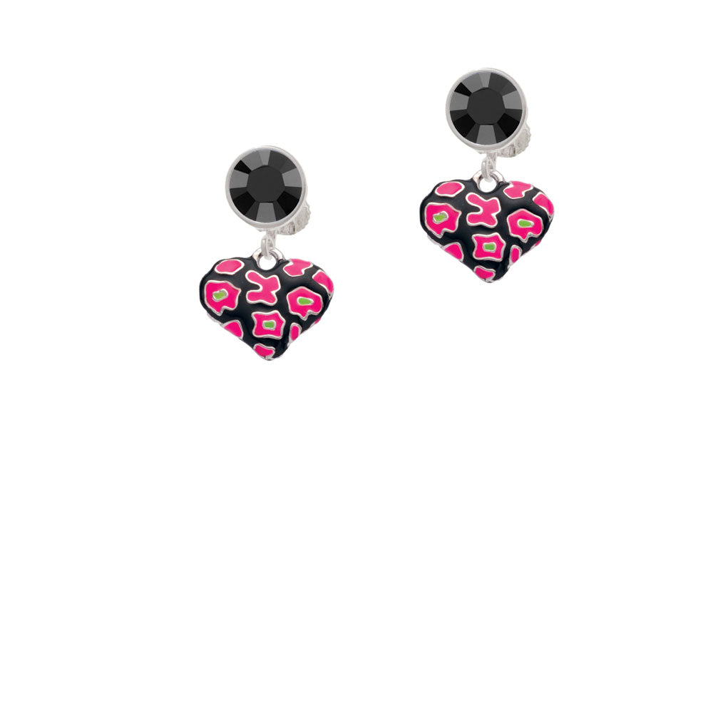 Hot Pink Cheetah Print Heart Crystal Clip On Earrings Image 3