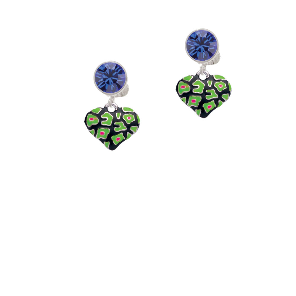 Lime Green Cheetah Print Heart Crystal Clip On Earrings Image 7