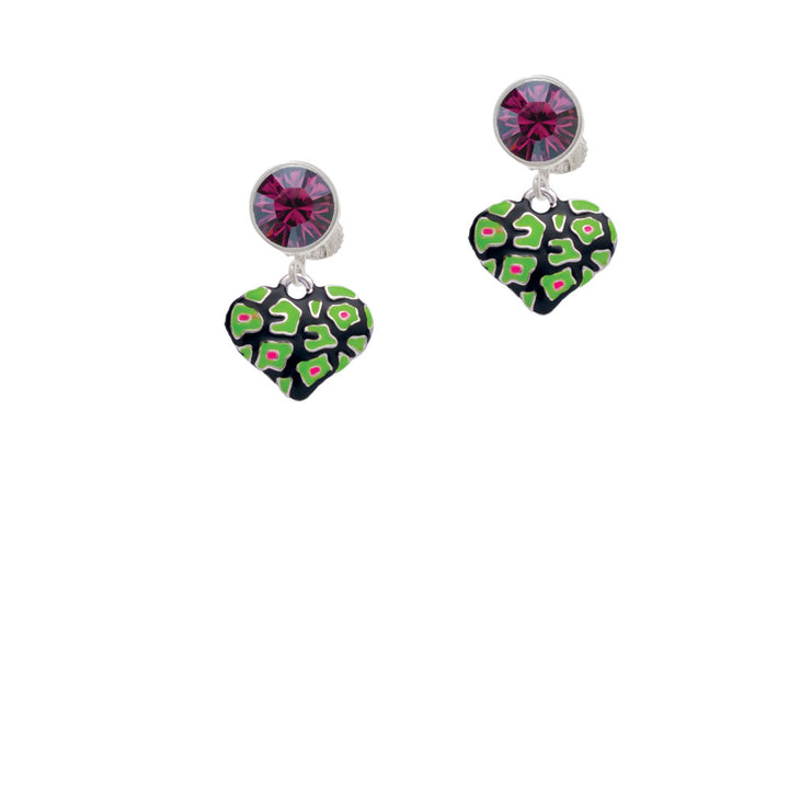 Lime Green Cheetah Print Heart Crystal Clip On Earrings Image 8