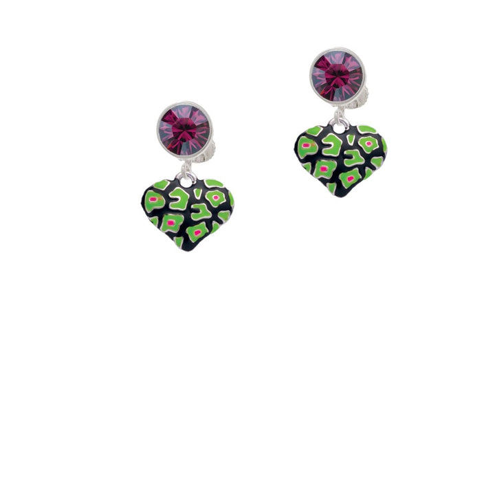 Lime Green Cheetah Print Heart Crystal Clip On Earrings Image 1