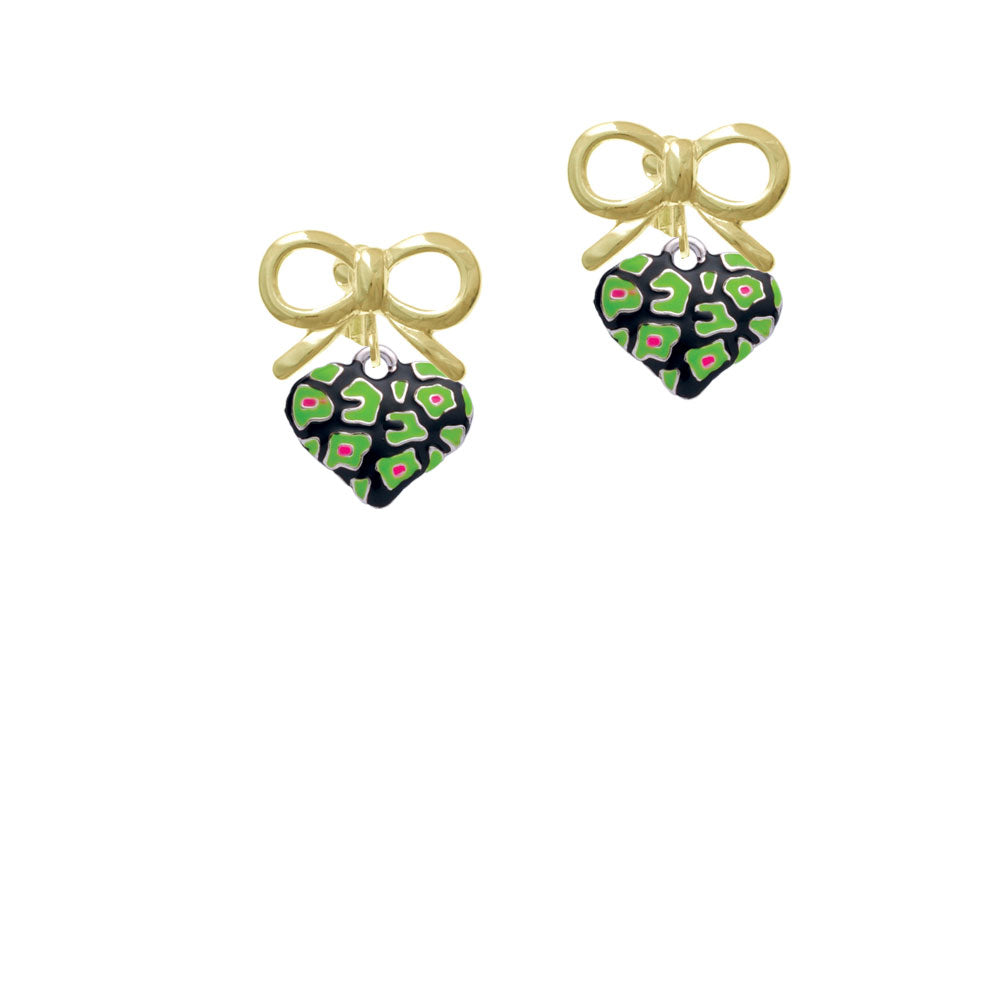 Lime Green Cheetah Print Heart Crystal Clip On Earrings Image 10