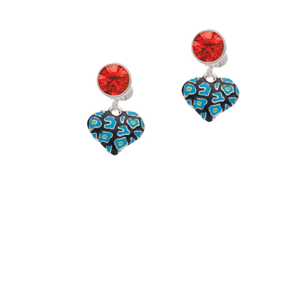 Hot Blue Cheetah Print Heart Crystal Clip On Earrings Image 1