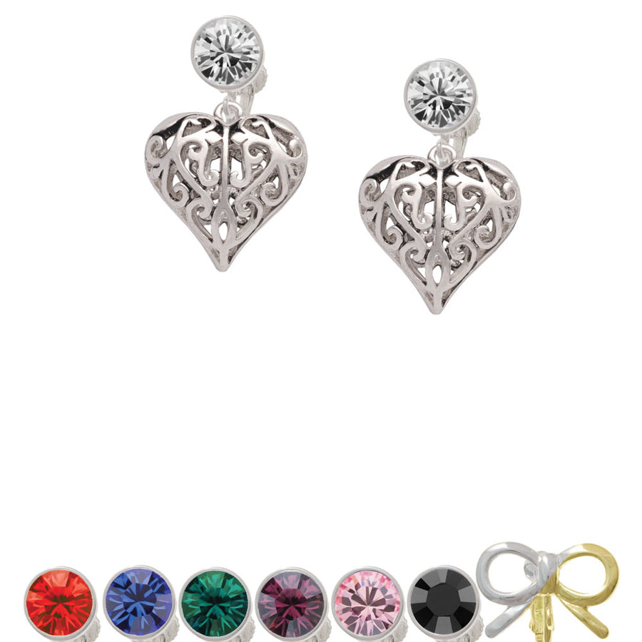 Large Open Filigree Heart Crystal Clip On Earrings Image 1