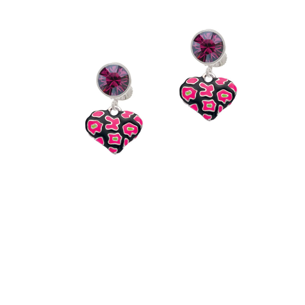 Hot Pink Cheetah Print Heart Crystal Clip On Earrings Image 8