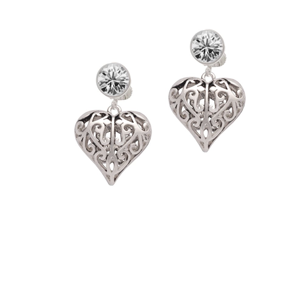 Large Open Filigree Heart Crystal Clip On Earrings Image 2