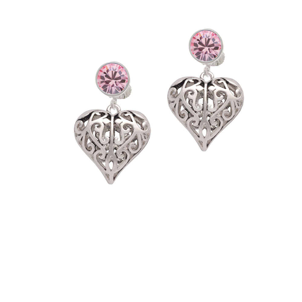 Large Open Filigree Heart Crystal Clip On Earrings Image 4