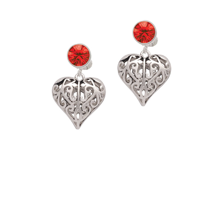 Large Open Filigree Heart Crystal Clip On Earrings Image 4