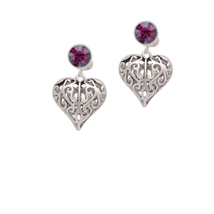 Large Open Filigree Heart Crystal Clip On Earrings Image 8