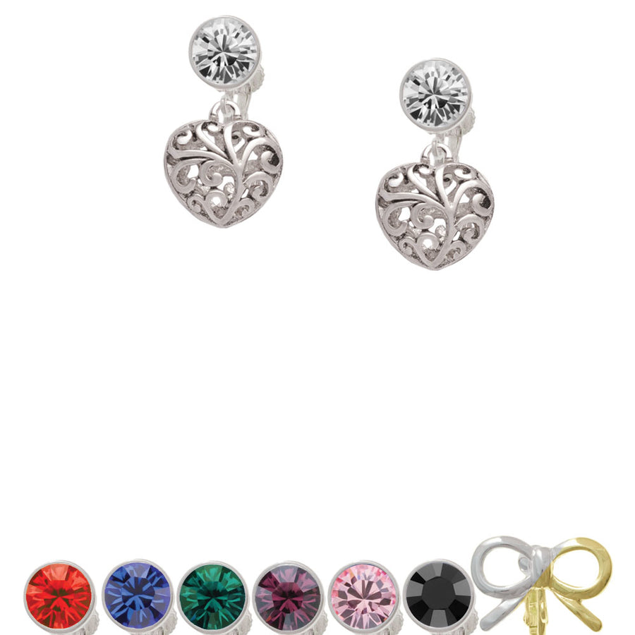 Medium Open Filigree Heart Crystal Clip On Earrings Image 1