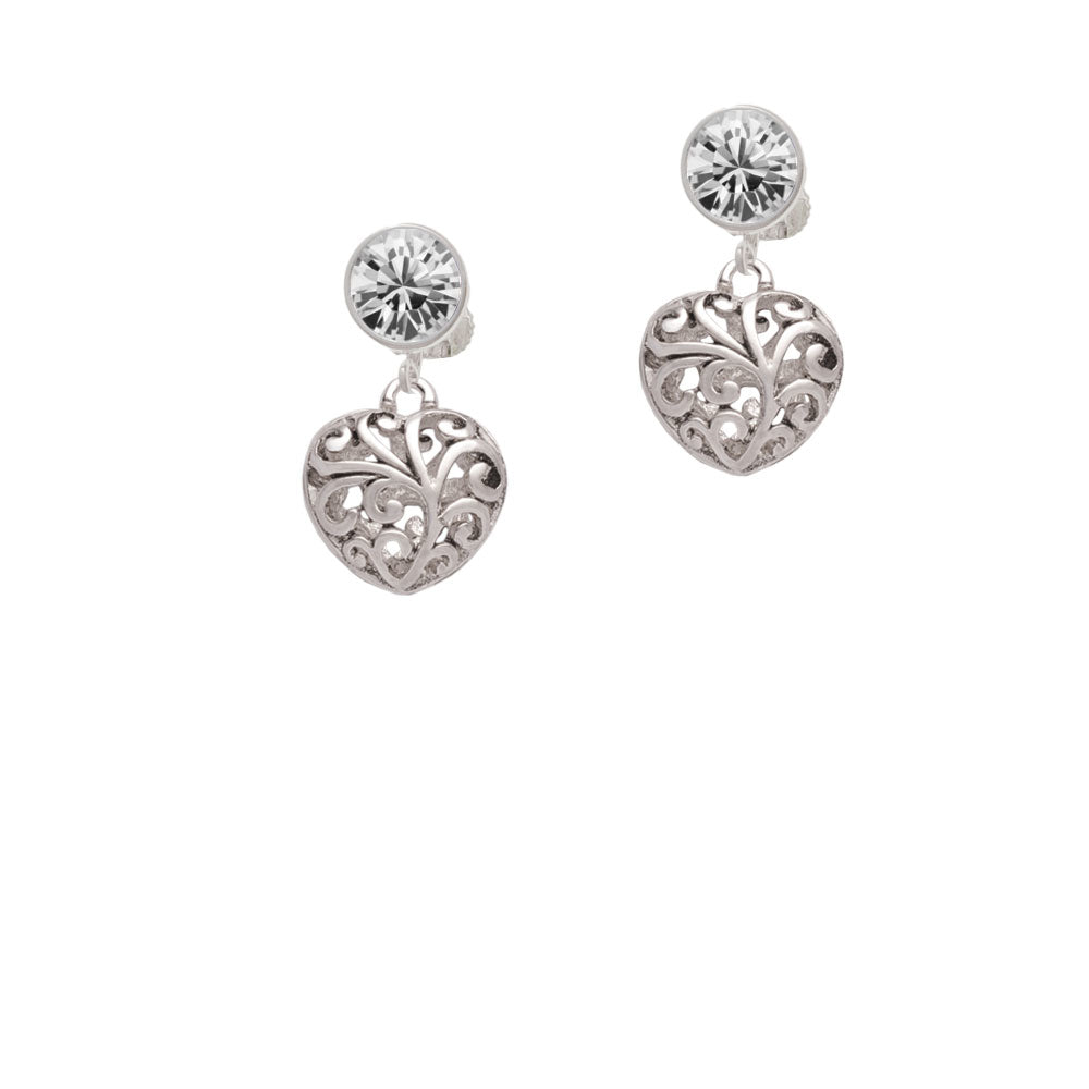 Medium Open Filigree Heart Crystal Clip On Earrings Image 2