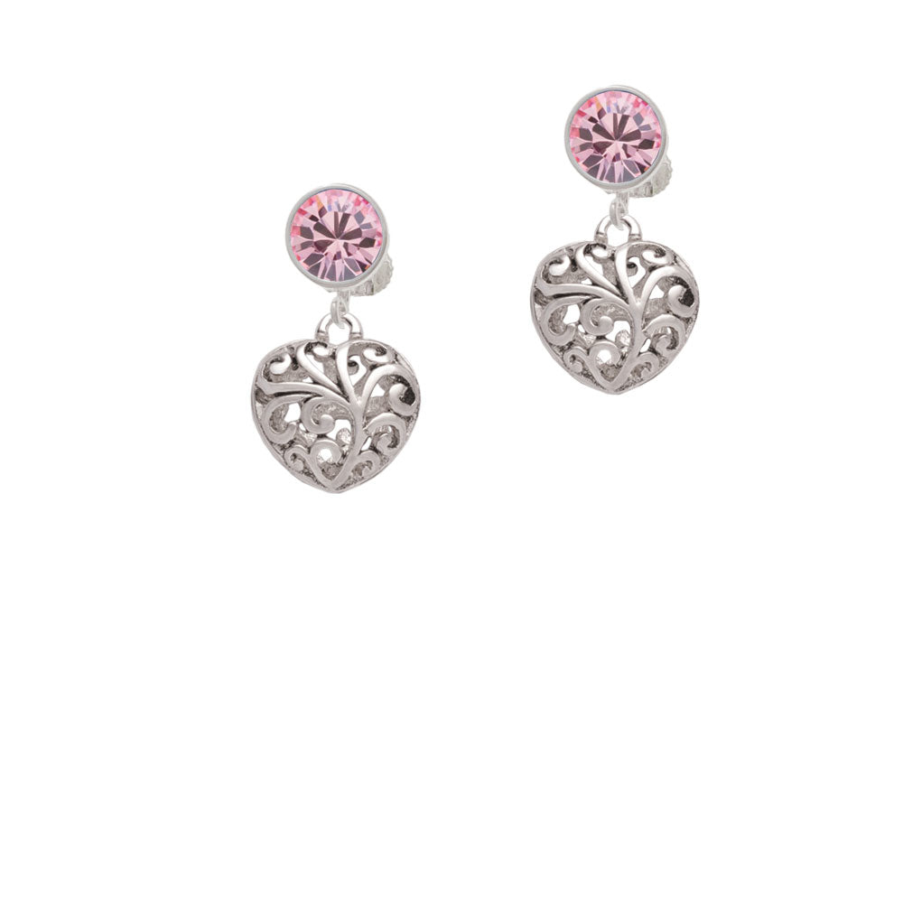 Medium Open Filigree Heart Crystal Clip On Earrings Image 4