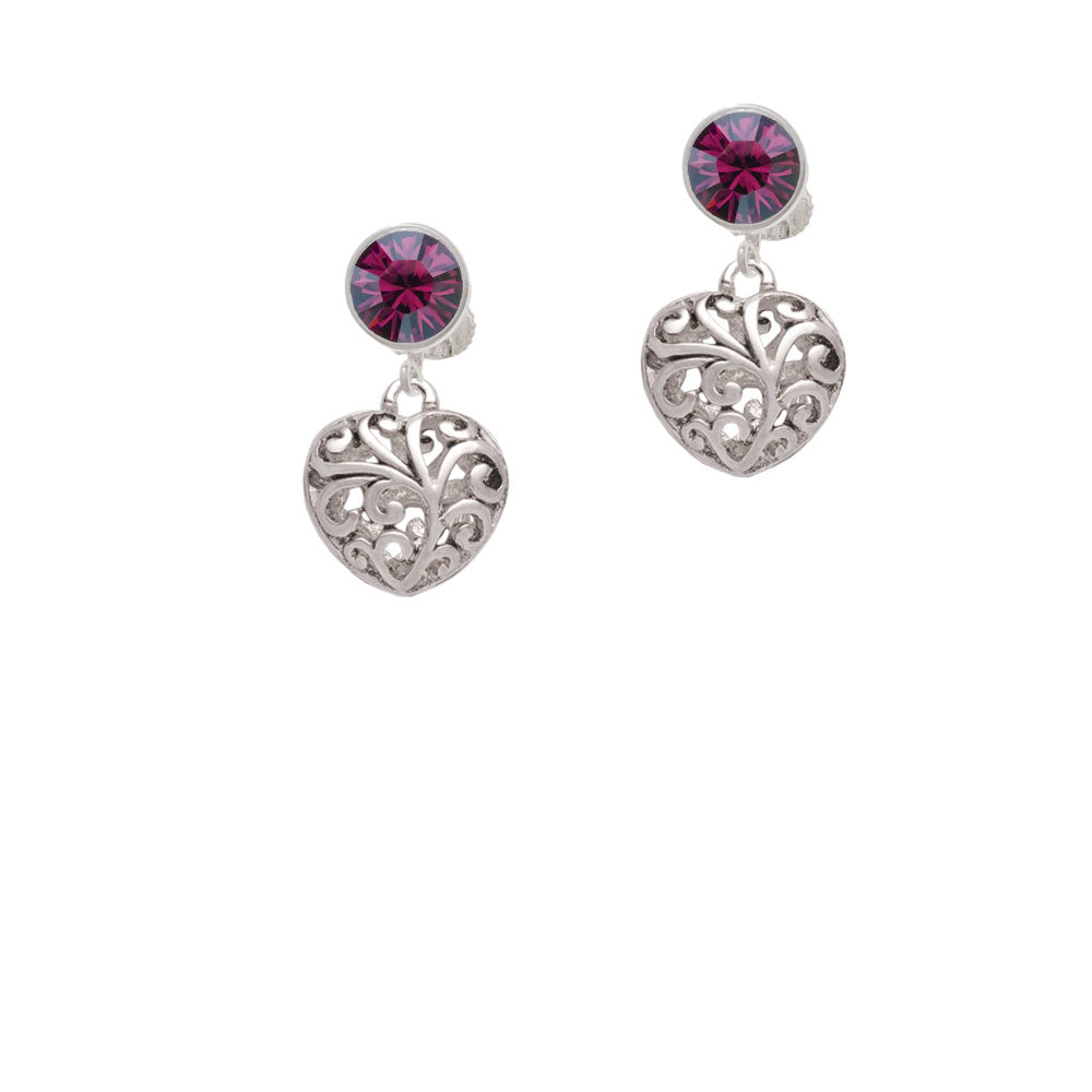 Medium Open Filigree Heart Crystal Clip On Earrings Image 8