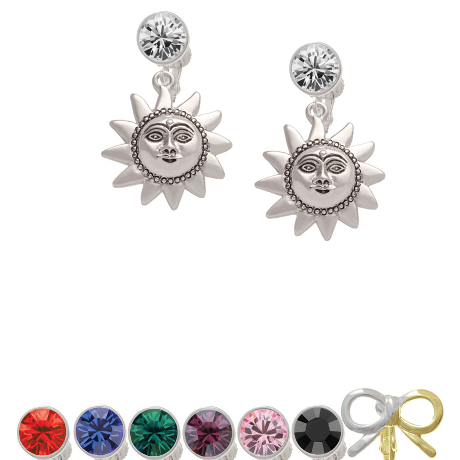 Medium Sun Face with Beaded Edging Crystal Clip On Earrings Image 1