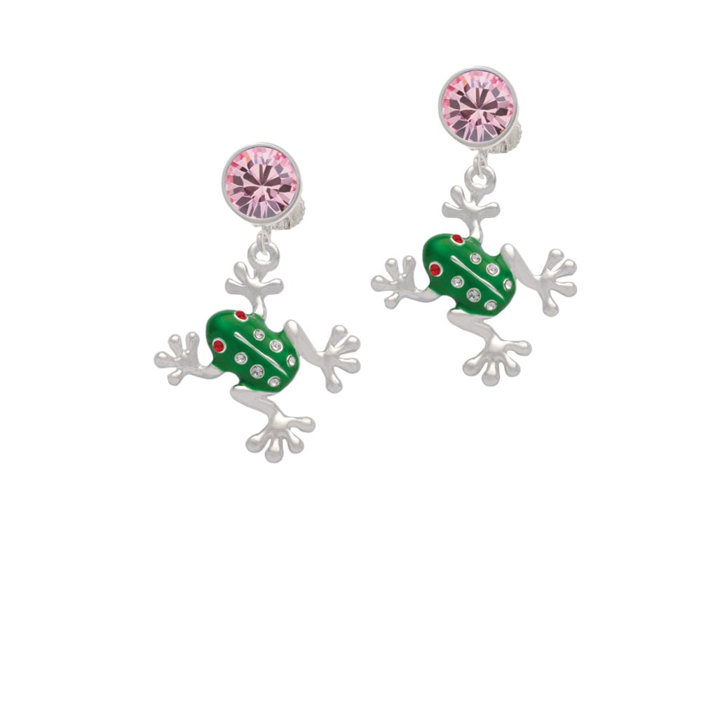 Green Frog with Crystals Crystal Clip On Earrings Image 1