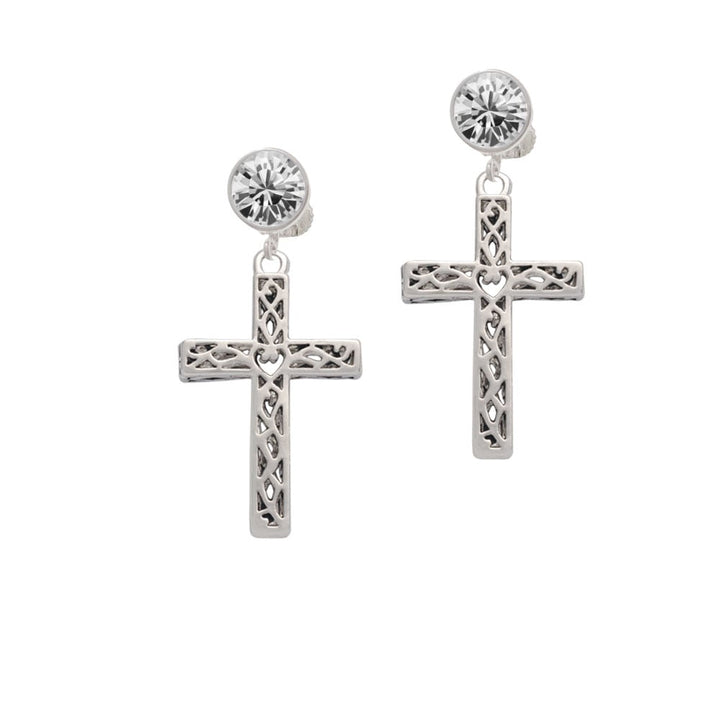 Large Celtic Vine Cross Crystal Clip On Earrings Image 1