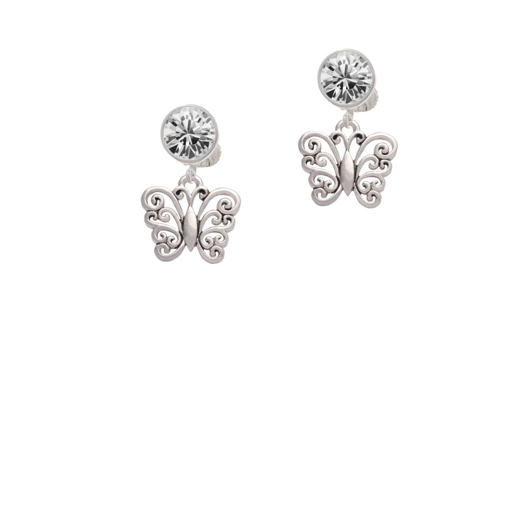 Filigree Curls Butterfly Crystal Clip On Earrings Image 2