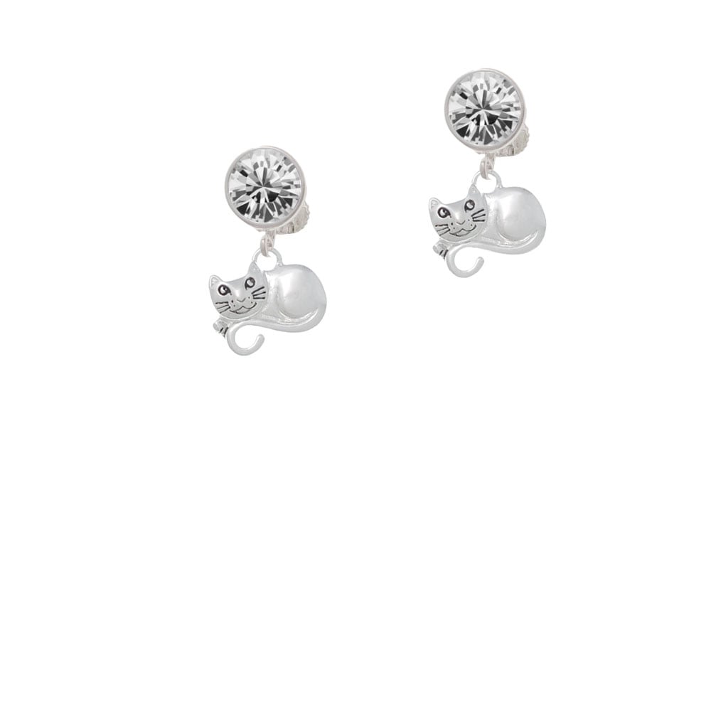 Curled Up Cat Crystal Clip On Earrings Image 1