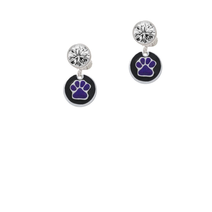 Purple Paw on Black Disc Crystal Clip On Earrings Image 2