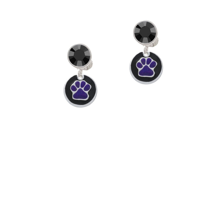 Purple Paw on Black Disc Crystal Clip On Earrings Image 3