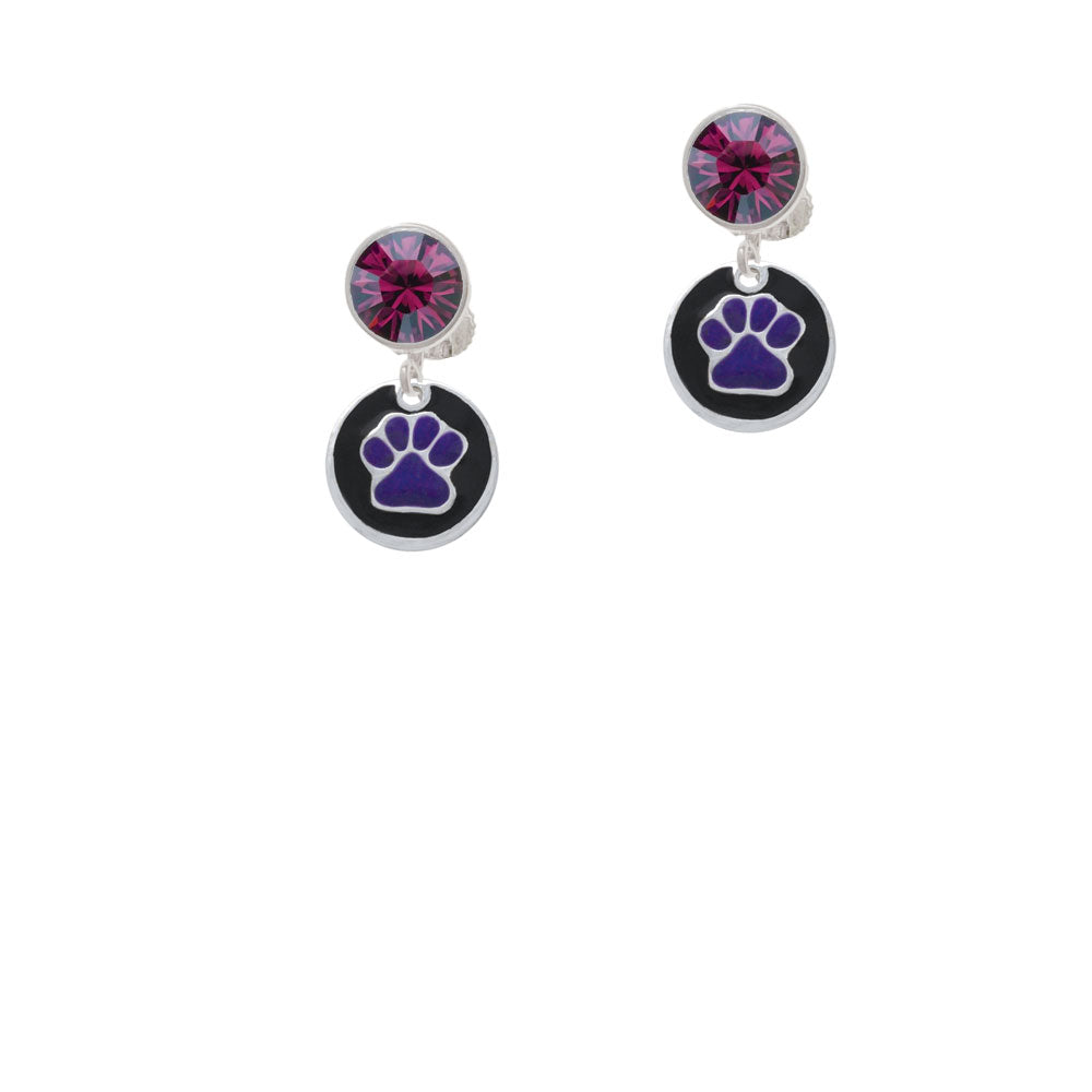 Purple Paw on Black Disc Crystal Clip On Earrings Image 8